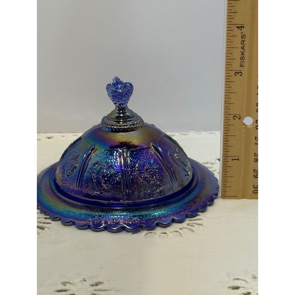 Boyd Blue Carnival Glass Small Butter Dish Strawberry Pattern Iridescent B Stamp - Picture 5 of 5